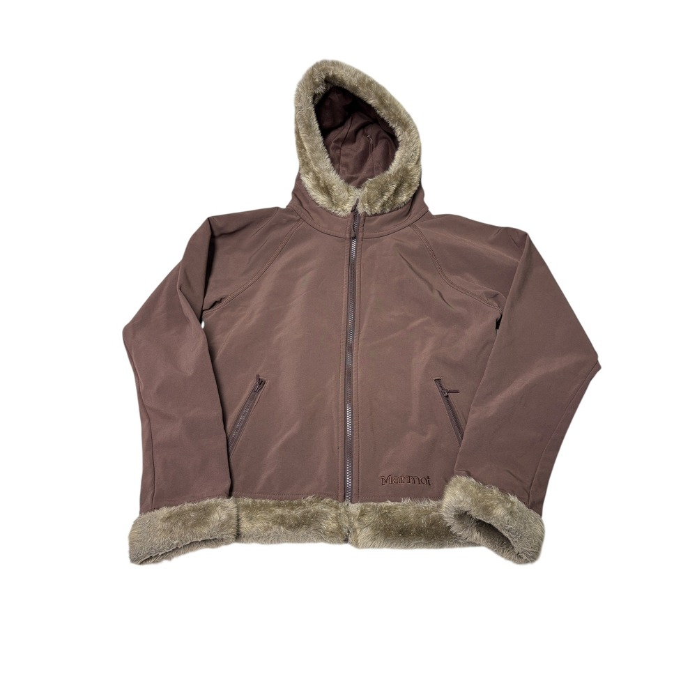 Marmot Womens Brown Faux Fur Hooded Jacket Softshell Zip Up Size M